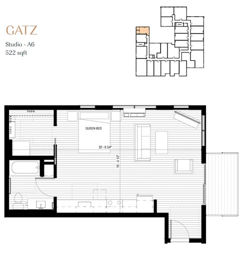 Floor plan for studio, 1 bath, 522 sqft
